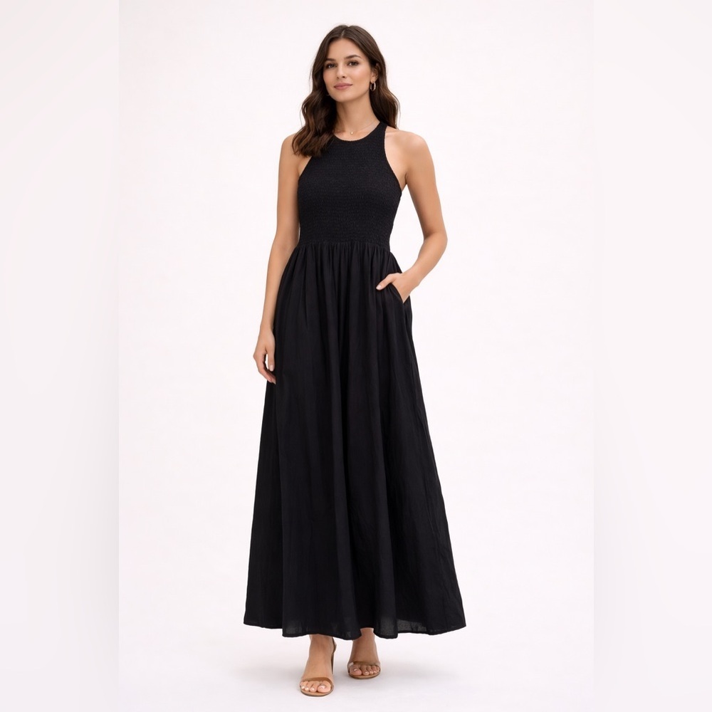 Madewell Black Smocked Cotton Maxi Dress Racer Neck Minimalist Classic XXS